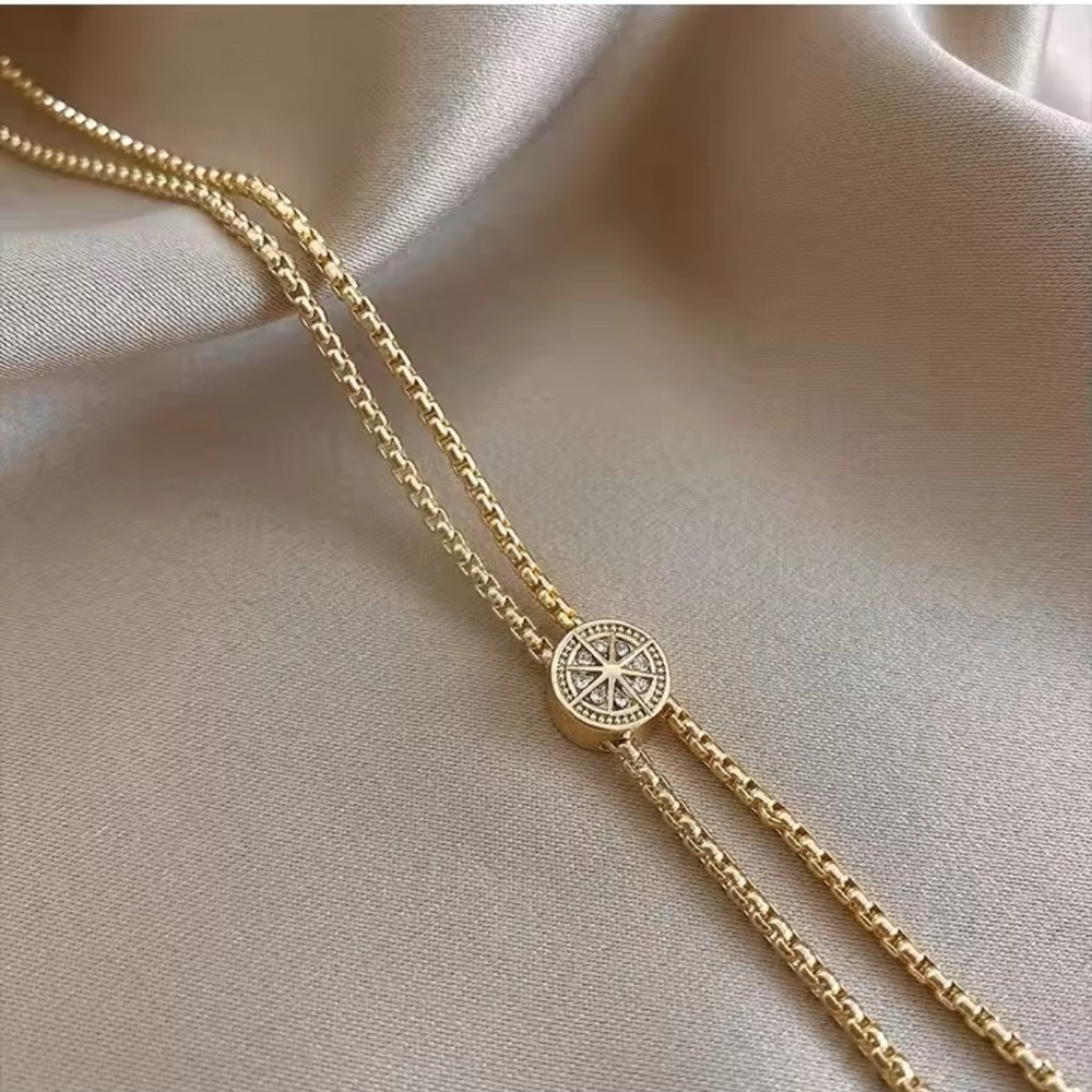 18K Gold Nautical Star Medallion Necklace With Diamonds Inlay Adjustable Length - Picture 4 of 7